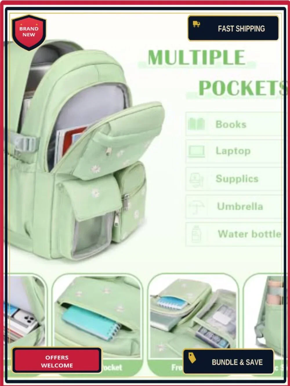 3PCS Girls Backpack Set with Lunch Bag and Pencil Case, Embroidered Floral,
